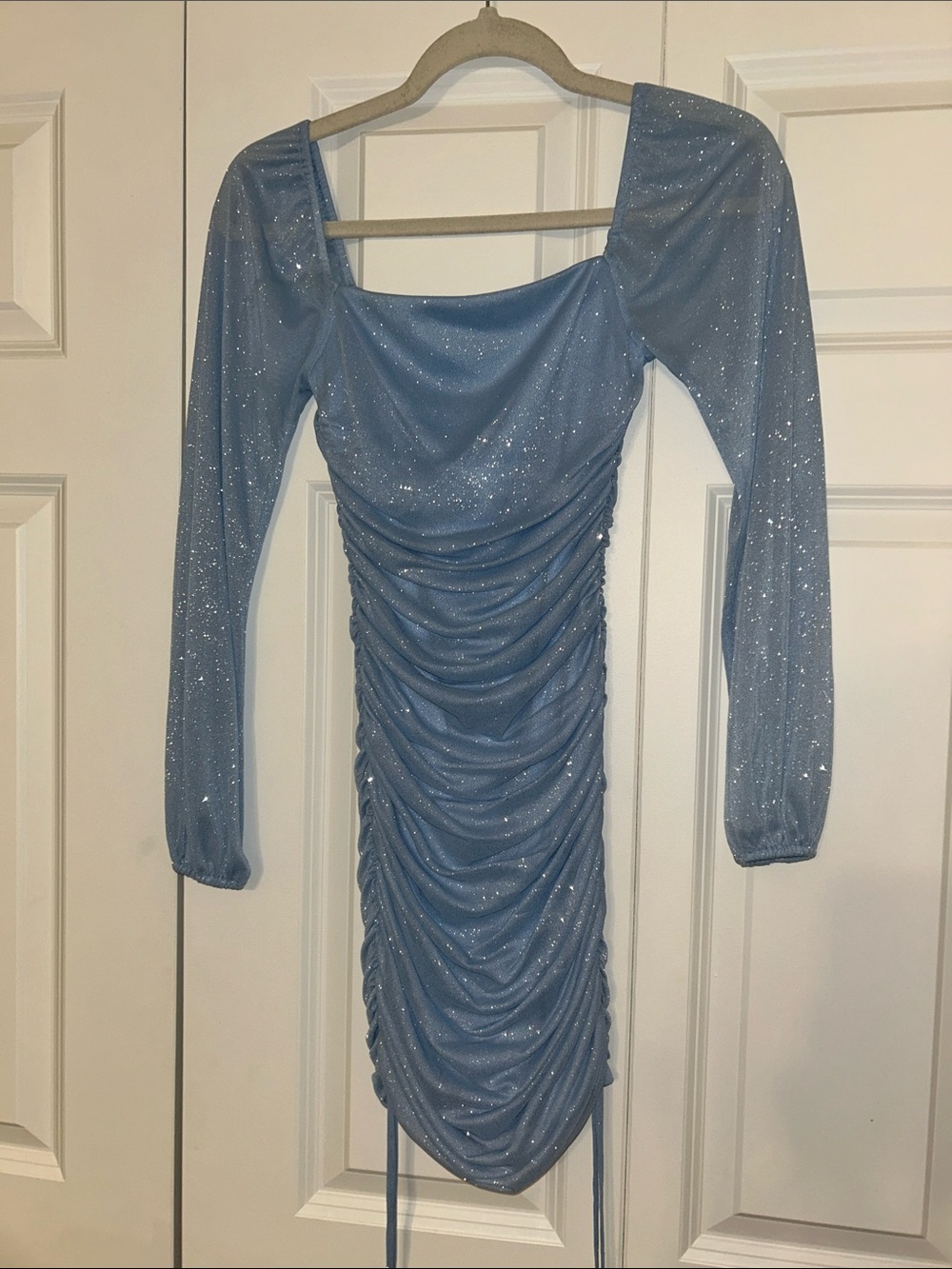 Jump Sparkle Ruched Long-Sleeve Mini Dress in Light Blue